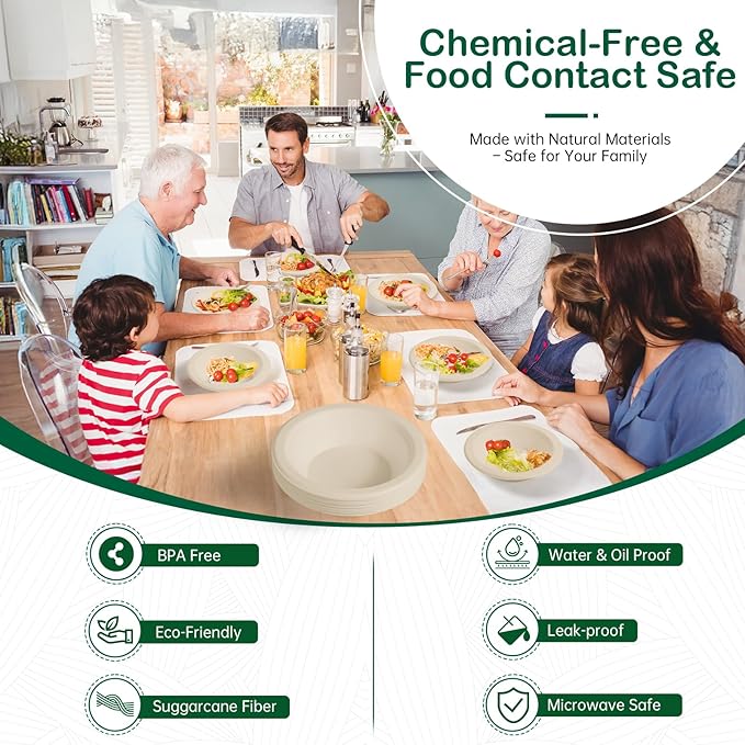 𝟴 𝗼𝘇, 𝟭𝟮𝟴-𝗣𝗮𝗰𝗸 Compostable Paper Bowls, Heavy-Duty Biodegradable Disposable Bowls Made from Bagasse, Eco-Friendly, Microwave & Freezer Safe (Natural)