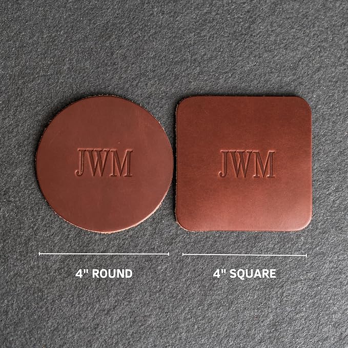 Ox & Pine Personalized Leather Coaster - Sold Individually or in Sets of 4 - Customize Inscription - 100% Full-Grain Leather – 4" Round or 4" Square (Round, Black, 1 Individual Coaster)