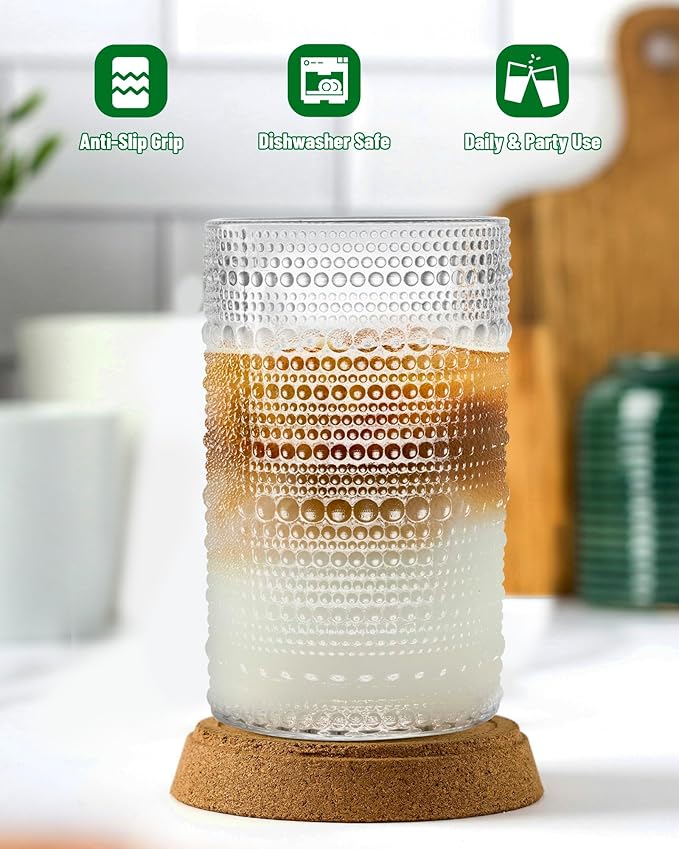 Vintage Hobnail Drinking Glasses Set of 6 – 13 oz Clear Highball Glass Cups – Embossed Textured Glassware with Anti-Slip Design for Water, Juice, Cocktails – Thick Glass, Dishwasher Safe