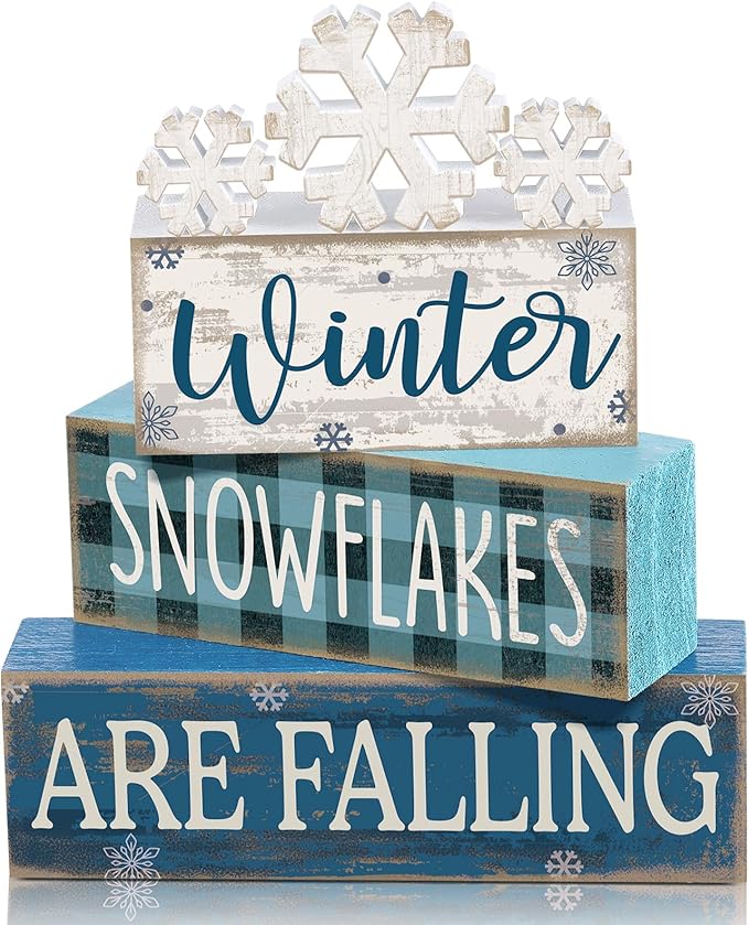 6 Pcs Winter Snowflakes Table Decorations Christmas Snowflake Centerpieces for Tables Winter Tiered Tray Decor Rustic Wood Snow Sign Farmhouse for Wonderland Party Kitchen Shelf Home