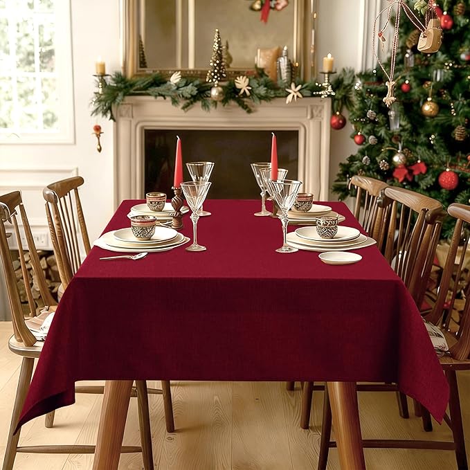 Hiasan Faux Linen Rectangle Tablecloth - Wrinkle and Stain Resistant Washable Table Cloth for Kitchen Dining Room Holiday Table Cover for Dinner, Red, 90 x 132 Inch