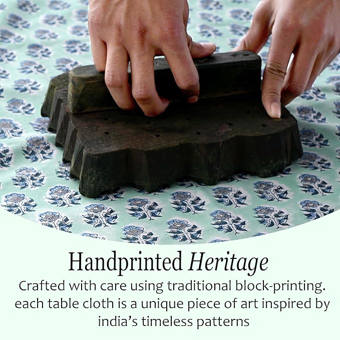 CPC Tablecloth 100% Cotton 70x108 Inch Indian Block Print Rectangle Table Cover, Washable Table Cloth for Weddings, Spring/Summer, Barbeque - Poppy Blue
