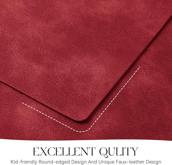 MOSAYT Vinyl Placemats Set of 8-12 X 17 Inch - Faux Leather 100% Waterproof Oil-Proof Wipeable PU Place Mats, Heat Resistant Reversible Table Mats for Kitchen, Dining, Outdoor (Red)