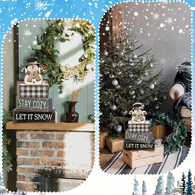 4 Pcs Winter Table Decorations Wooden Snowman Winter Tiered Tray Decor Rustic Block Signs Gift Farmhouse Christmas Centerpiece for Tables Party Kitchen Shelf Home