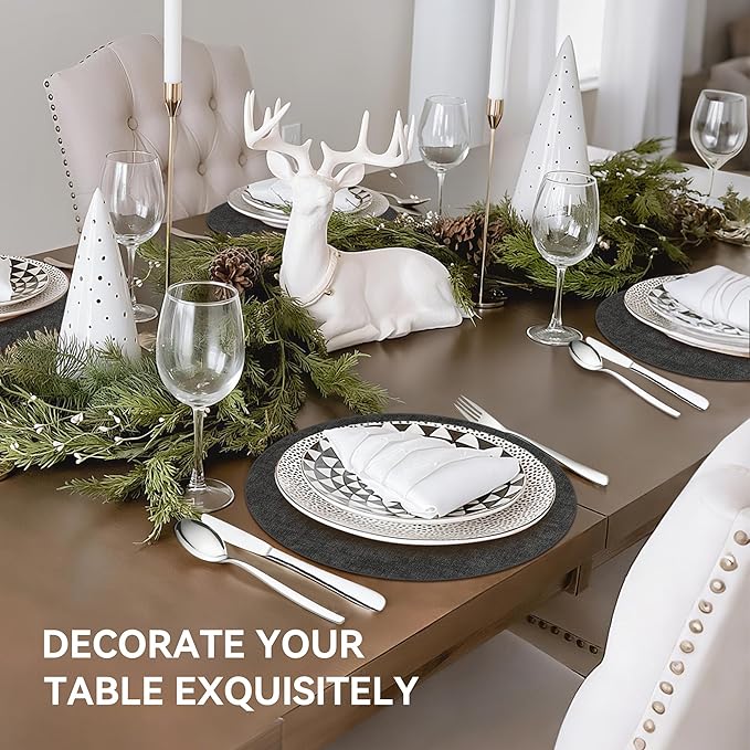 13" Round Placemats Set of 12, Reversible Faux Leather Heat Resistant Table Mats, 100% Waterproof Oilproof Wipeable Table Protective Placemats for Vinyl, Washable for Indoor (12, Deep Gray)