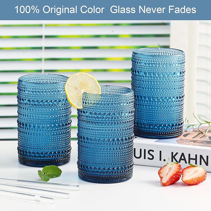Vintage Hobnail Drinking Glasses Set of 12, 15oz Textured Tumblers - Embossed Blue Bar Glasses for Cocktails, Beer, Whiskey, Dishwasher-Safe Highball Cups for Kitchen, Juice & Mixed Drinks