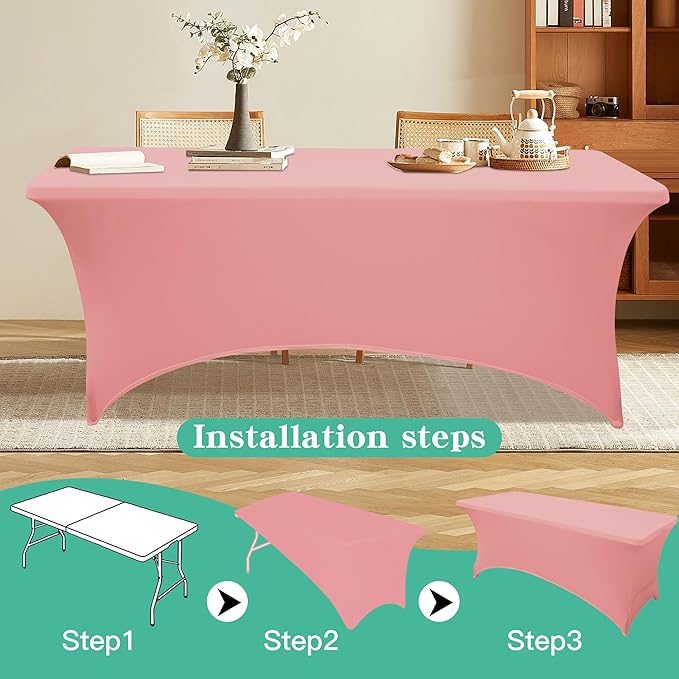 6FT Table Cloth for Rectangular Fitted Events Stretch Pink Table Covers Washable Spandex Tablecloth Protector for Party, Wedding, Cocktail, Banquet, Festival
