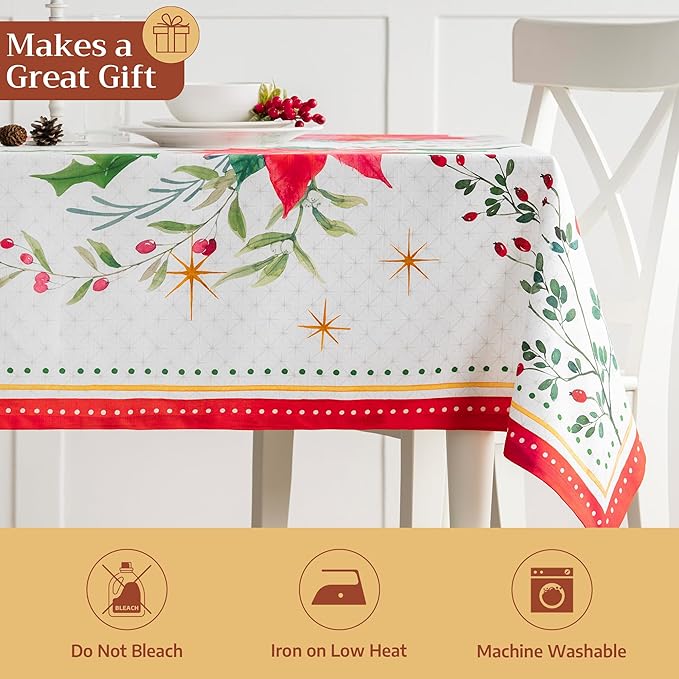 Maison d' Hermine Table Cloth Rectangle Table 100% Cotton 60 x 90 Inches Fall Tablecloth Reusable Everyday Use for Thanksgiving Christmas Decorations Dining Farmhouse Party (Poinsettia Christmas)