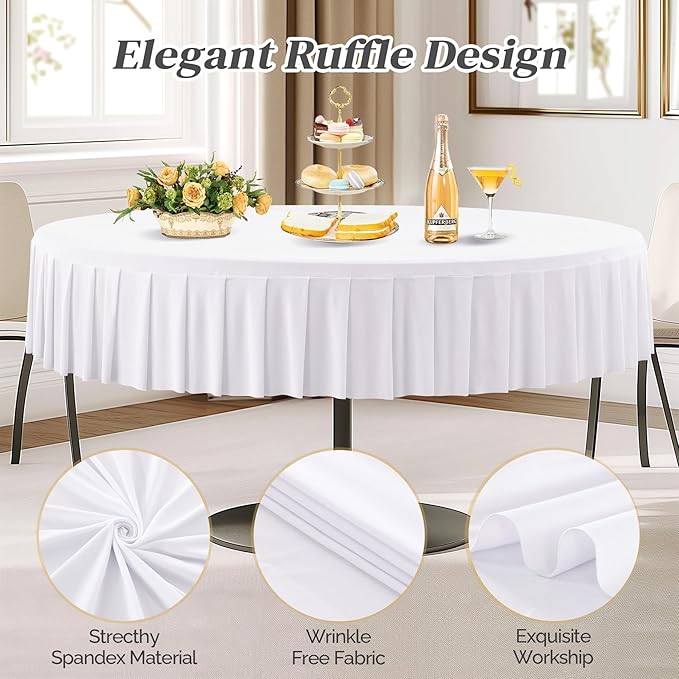 4 Pack White Spandex Round Tablecloths for 72in Table, Stretchy Fitted 6FT Round Table Cloths, Wrinkle Free Table Cover with Skirt for Wedding Birthday Party Bridal Shower Banquet