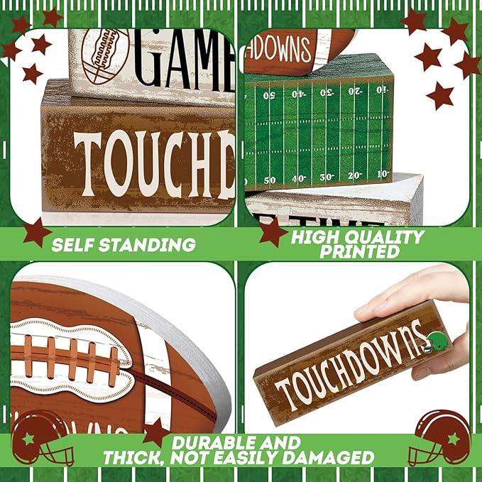 4 Pcs Football Table Decorations Spring Football Tiered Tray Decor Spring Wooden Sign Soccer Centerpiece Decorative Faux Book Stack Block for Coffee Table Fireplace Mantel Floating Shelf