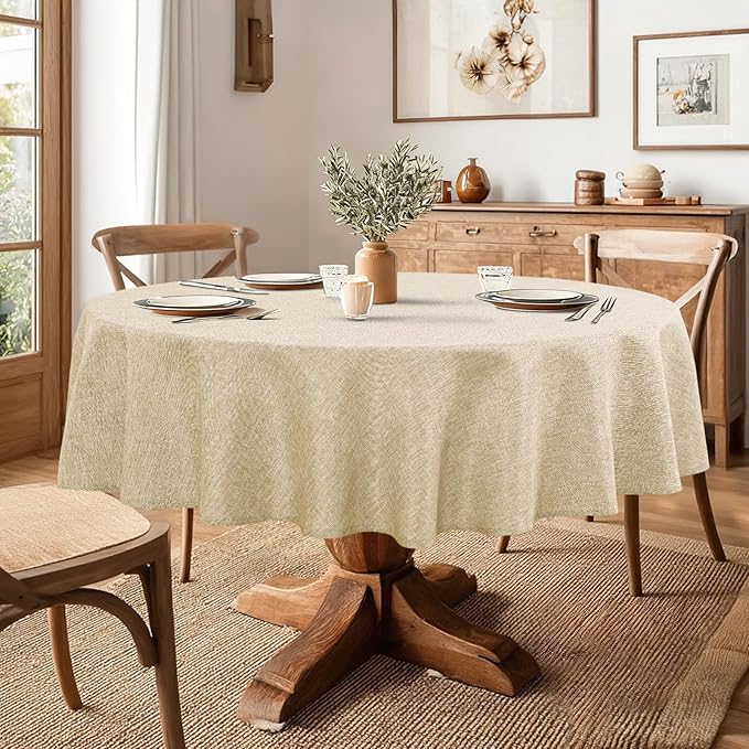 JIUZHEN Round Textured Table Cloth Linen Wrinkle Free Stain Resistant Farmhouse Decorative Circular Tablecloth for Kitchen, Dining, Party, Wedding, Outdoor Use (50 Inch Round,Beige)
