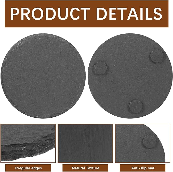 24 PCS Black Natural Slate Coasters Bulk Set 4 Inch Laser Engraving Blanks with Anti Scratch Bottoms for Home, Office, Bar, Gifts Round Coasters