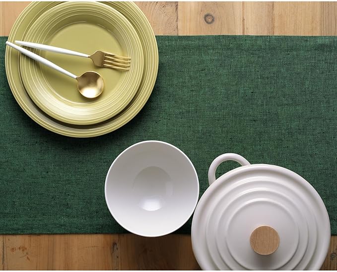 Solino Home Linen Table Runner 36 Inches - 100% Pure Linen Forest Green Table Runner 14 x 36 Inch Ideal for Dresser and Coffee Tables - Athena - Winter, Easter, St Patricks Day