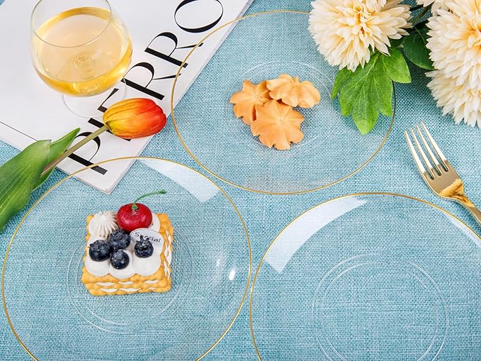 Nervure 100Pieces Clear and Gold Rim Plastic Plates - 7.5inch Disposabl Salad Dessert Plate - Clear and Gold Party Plates Ideal for Wedding & Party