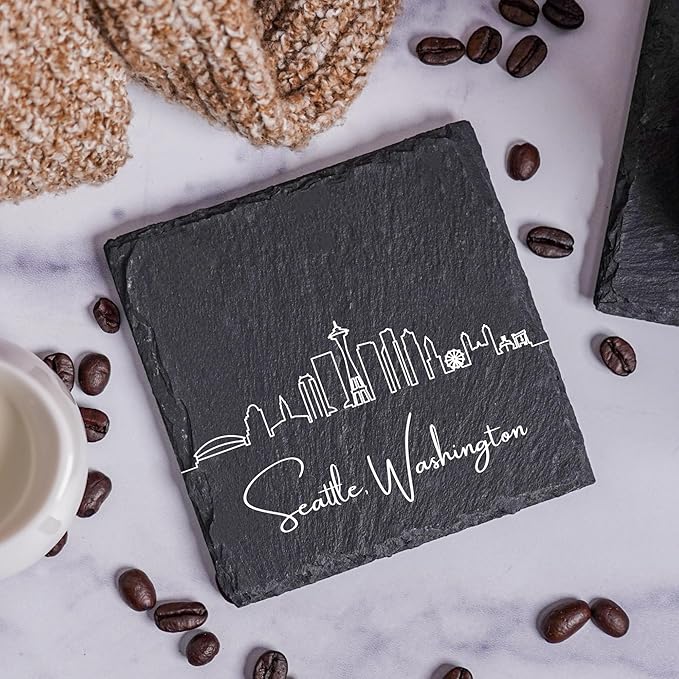 Blue Ridge Mountain Gifts - Seattle WA Skyline Coasters, Set of 4 - Seattle Washington Souvenir, Slate Coasters with Minimalist Skyline, Housewarming Gift for Friends, Family, & Neighbors