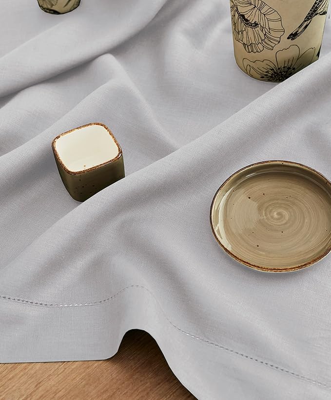 Solino Home Soft Grey Linen Tablecloth 52 x 52 Inch - 100% Pure Linen Square Table Throw - Classic Hemstitch, Machine Washable Table Cloth for Winter, Spring, Easter