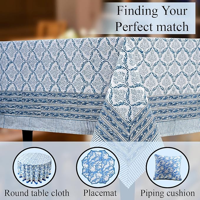 CPC Indigo Regal Tablecloth 100% Cotton 72x160 Inch Indian Block Print Rectangle Table Cover, Table Cloth for Gifting in Weddings, Halloween, Fall, Christmas, Thanksgiving