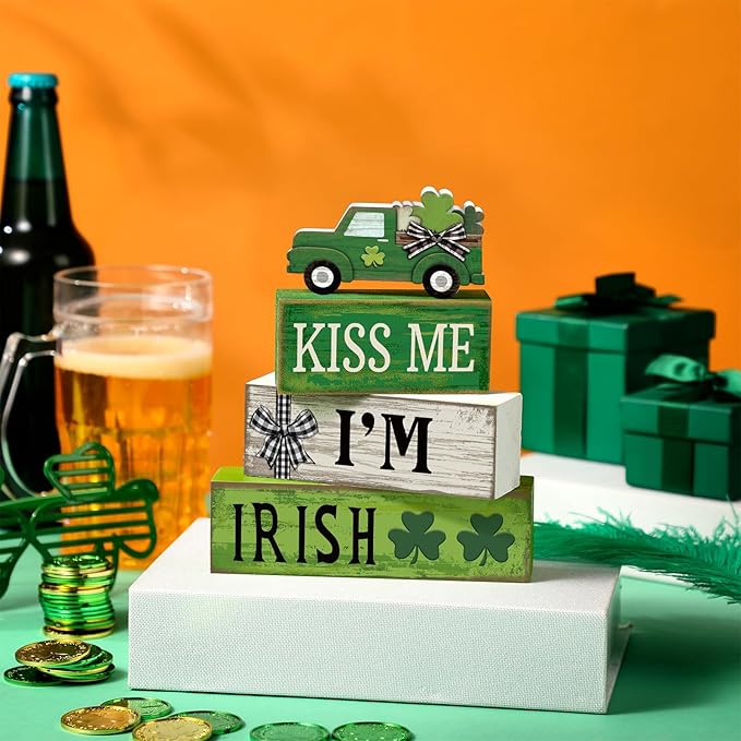 4 Pcs St Patricks Day Decorations Lucky Shamrock Wooden Sign Truck Table Centerpiece St Patricks Day Tiered Tray Decor Decorative Faux Book Stack Block for Fireplace Mantel Floating Shelf