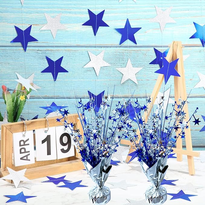 6 Pack Metallic Foil Spray Centerpiece Star Table Decoration Burst Table Centerpieces for Birthday Wedding Anniversary Graduation Holiday Party Supplies Decor, Silver Blue
