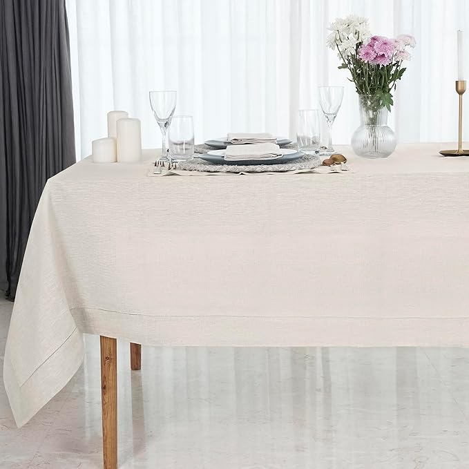 D'Moksha Homes Light Natural Linen Tablecloth 60 x 108 Inch - 100% Pure Linen Natural Table Cloth for Rectangle Tables - Classic Hemstitch, Machine Washable Tablecloth for Valentines, Spring, Easter