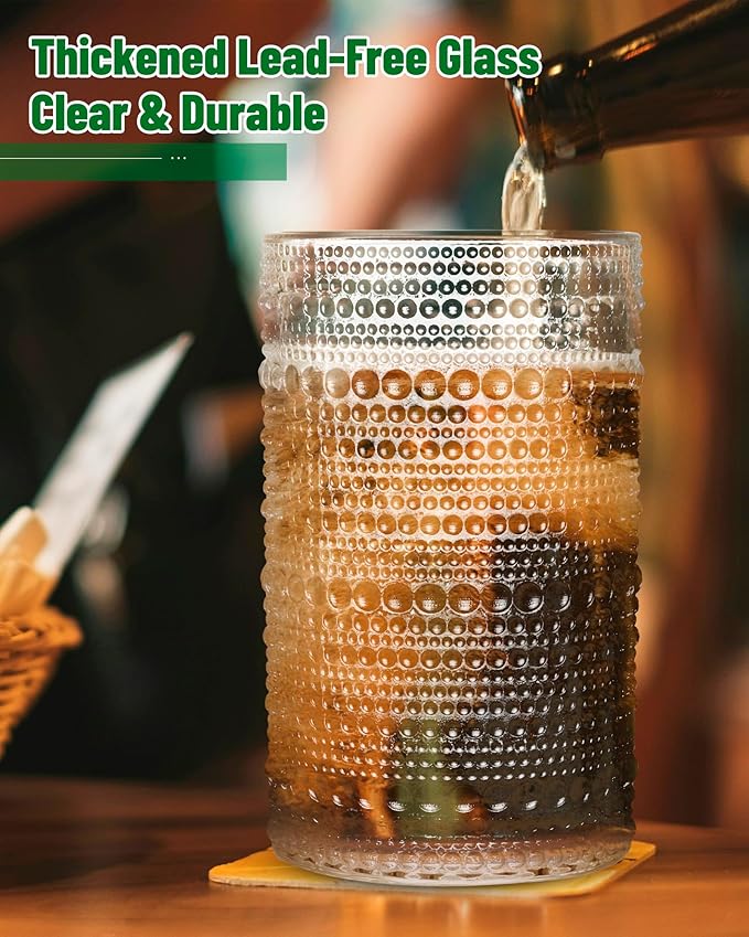 Vintage Hobnail Drinking Glasses Set of 6 – 13 oz Clear Highball Glass Cups – Embossed Textured Glassware with Anti-Slip Design for Water, Juice, Cocktails – Thick Glass, Dishwasher Safe
