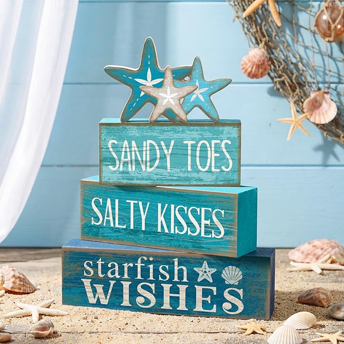 4 Pcs Summer Table Decorations Beach Tiered Tray Decor Starfish Coastal Rustic Wooden Block Sign Stacked Book Nautical Table Centerpiece for Farmhouse Home Living Room Office Desk Shelf Mantel