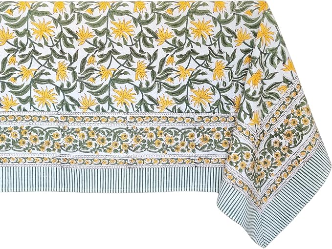ATOSII Noor 100% Cotton Rectangle Spring Tablecloth, Handblock Floral Print Linen Table Cloth for Kitchen Dining I Parties, Outdoors, Weddings, Easter Holidays I 72 X 140 Inches I 12 Seater