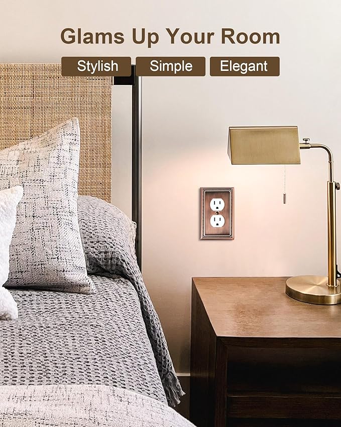 2-Pack Duplex Outlet Cover Plate, Antique Copper Metal Wall Plates for Electrical Outlets, 1 Gang Receptacle Cover, Pearls Decorative Switch Plates and Outlet Covers