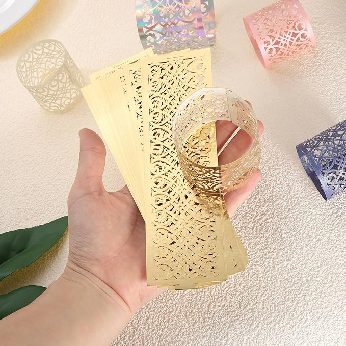 uxcell 100Pcs Napkin Rings Laser Cut Foil Paper, Napkin Holder Hollow Napkin Bands for Weddings Party Serviette Table Decoration Restaurant (Beige, 5.3 x 1.6)