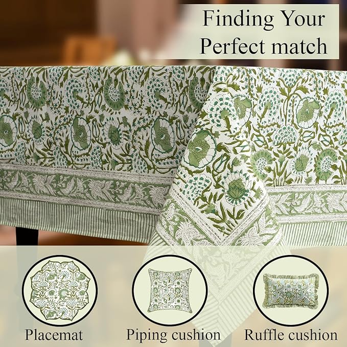 CPC Tablecloth 100% Cotton 72x190 Inch Indian Block Print Rectangle Table Cover, Green Table Cloth for Weddings, Spring/Summer, Barbeque - Agate Green