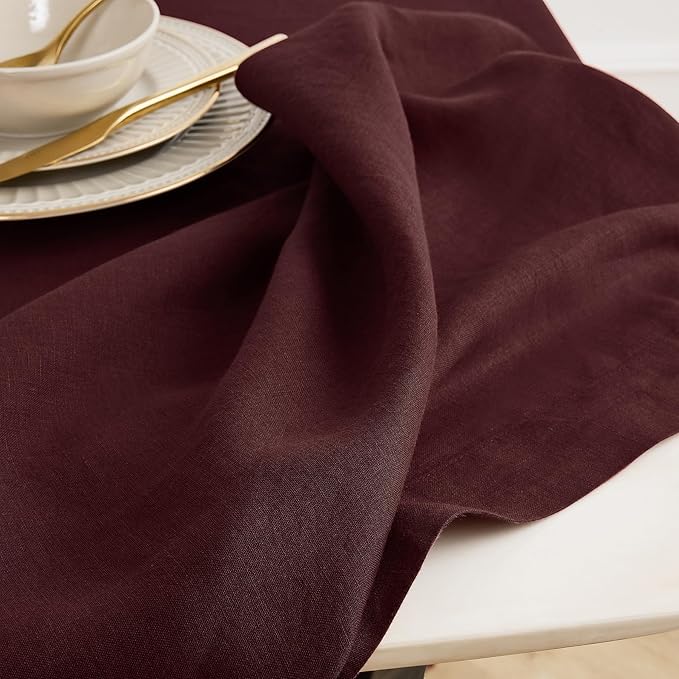 Solino Home Linen Round Tablecloth 70 Inch - 100% Pure Linen Burgundy Round Tablecloth - Machine Washable Table Cloth for Valentines - Sonoma