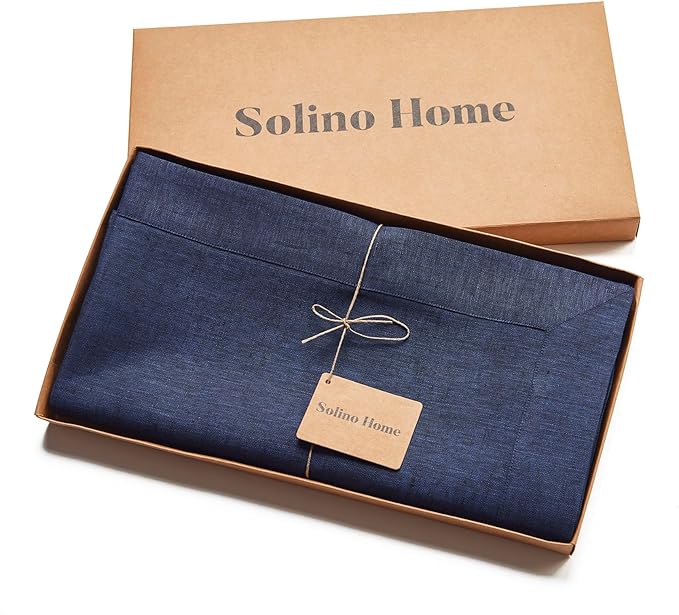 Solino Home Linen Tablecloth 60 x 90 Inch - 100% Pure Linen Chambray Navy Table Cloth for Rectangle Tables - Athena, Machine Washable Tablecloth for Winter, Spring