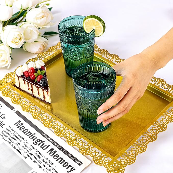 Ciaell 12 Pack Romantic Plastic Water Glasses - 14 Oz Green Vintage Drinking Glasses, Embossed Ribbed Plastic Cups, Textured Striped Set for Juice, Beverages, Beer, Cocktail