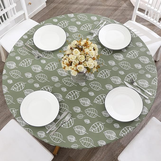 Walrus Round Vinyl Fitted Tablecloth with Flannel Backing Elastic Edge Design Table Cover Waterproof Oil-Proof PVC Table Cloth Stain-Resistant Best for 57"-66" Round