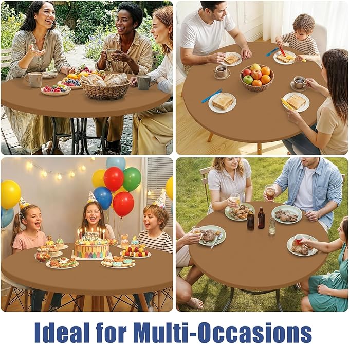 Round Spandex Tablecloth, Elastic Fitted Waterproof Tablecloths for 57"-68" Tables, Stretch Washable Picnic Table Cover for Camping, Dining, Indoor and Outdoor,Brown