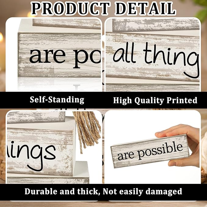 4 Pcs Farmhouse Wooden Tabletop Decor Farmhouse Tiered Tray Decor Rustic Retro Wood Bead Garland with God All Things are Possible Block Sign Neutral Centerpiece Sign for Home Shelf Mantle