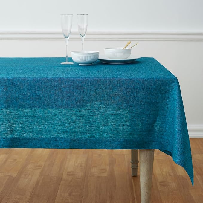 Solino Home Linen Tablecloth 60 x 108 Inch - 100% Pure Linen Chambray Teal Table Cloth for Rectangle Tables - Athena, Machine Washable Tablecloth for Spring, Easter, St Patricks Day