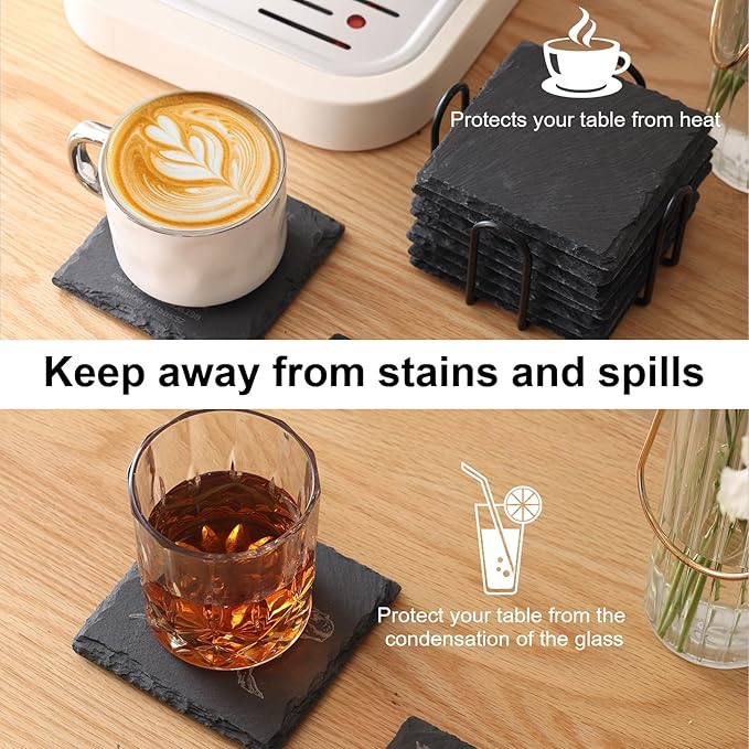 Slate Coasters Set of 36,4-Inch Black Square Stone Drink Coasters with Scratch-Resistant Backing,Durable Tabletop Protection for Home Office Kitchen,Ideal Housewarming Wedding Gifts