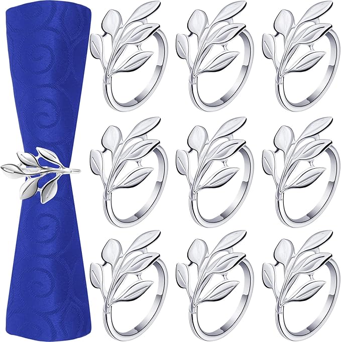 Hotop 250 Pcs Leaf Napkin Rings Set Silver Metal Napkins Rings Holders Bulk Glossy Table Adornment for Vintage Wedding Bridal Thanksgiving Christmas Holidays Fall Dinner Party Decoration Favors