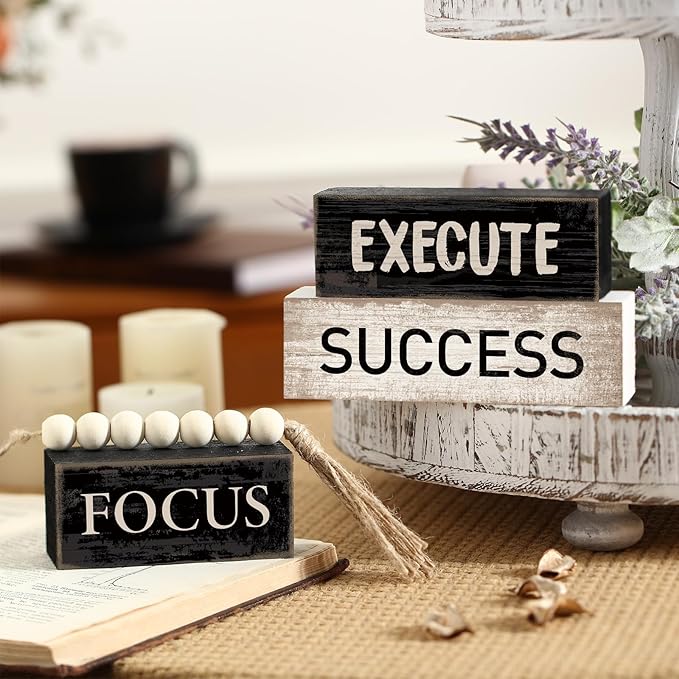 4 Pcs Motivational Wooden Tabletop Decor Inspirational Tiered Tray Decor Rustic Retro Wood Bead Garland Focus Execute Success Block Sign Gift Farmhouse Centerpiece for Home Shelf Mantle