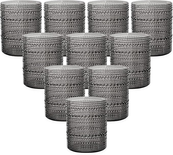 YOUBET 24PCS Plastic Drinking Glasses - 14OZ Black Hobnail Drinkware Glasses - Vintage Glassware Textured Beaded Cups for Water, Beer, Whiskey, Juice and Various Mixed Drinks for Party