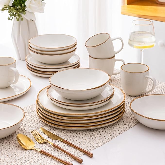 AmorArc Ceramic Dinner Plates Set of 6, 10.5 Inch Handmade Reactive Glaze Stoneware Plates,Large Rustic Shape Dinnerware Dish Set for Kitchen, Microwave & Dishwasher Safe,Scratch Resistant-Pearl White