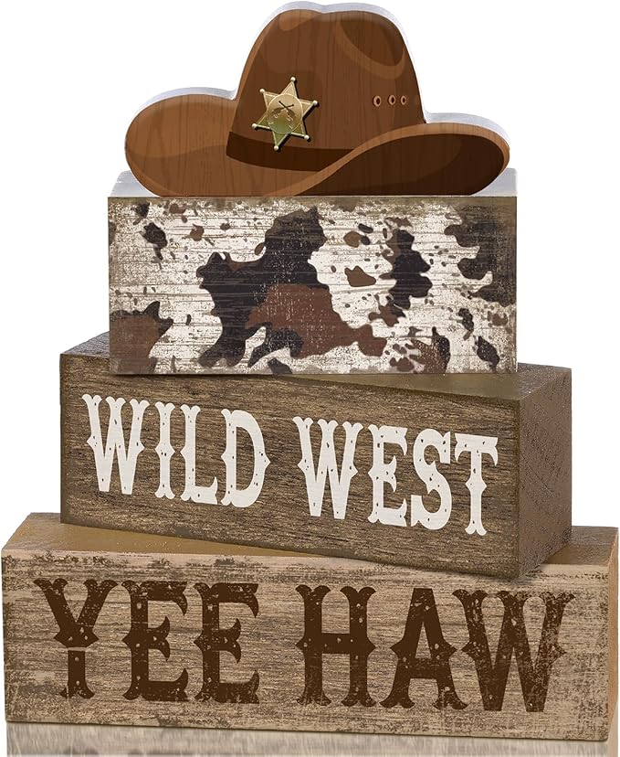 4 Pcs Western Tiered Tray Decorations Set Cowboy Hat Stack Block Signs Desert Farmhouse Rustic Tabletop Tiered Tray Decor for Table Shelf Home Office