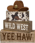 4 Pcs Western Tiered Tray Decorations Set Cowboy Hat Stack Block Signs Desert Farmhouse Rustic Tabletop Tiered Tray Decor for Table Shelf Home Office