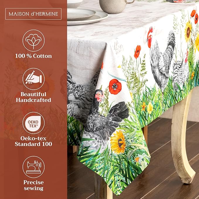 Maison d' Hermine Table Cloth Rectangle Table 100% Cotton 54 x 72 Inches Tablecloth Reusable Decorative for Dining Room Farmhouse Home Valentines Day Decorations Spring Summer - Basse Cour