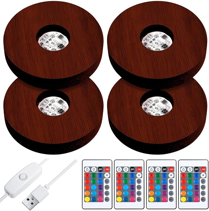 Riakrum 4 Pieces Wood LED Display Light Base Crystal Display Base Stand Remote Control Round 16 Lighting Modes Wooden Lighted Holder Colorful Pedestal for Crystal Glass Resin Ball(Walnut Wood Color)
