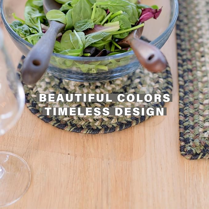 Homespice Pinecone Round Braided Placemats, Warm Country Rustic Decor, Set of 2, 15", Green Jute Table Mats - Vibrant Colors, Durable, Easy to Clean and Protects Furniture