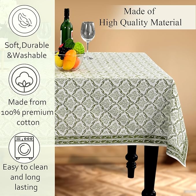 CPC Fern Regal Tablecloth 100% Cotton 60x60 Inch Indian Block Print Rectangle Table Cover, Table Cloth for Gifting in Weddings, Halloween, Fall, Christmas, Thanksgiving