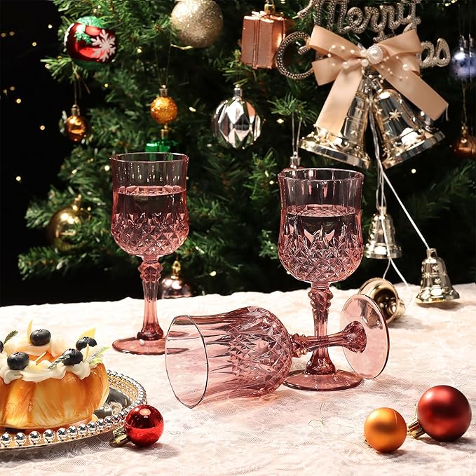 XUWAIDSGN 24 Pcs 7oz Plastic Vintage Wine Glasses Drinking Glasses Unbreakable Wedding Glassware Crystal Water Goblets Reusable Drinkware Vintage Champagne Flutes (24, Rose Gold)