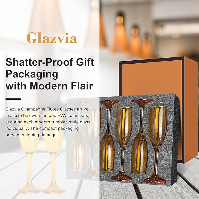 Champagne Flutes Glasses Set of 6-6oz Elegant Amber Glass, Unique Amber Colored Long Stem Champagne Flute Gift for Wedding, Anniversaries, Parties, Birthday, Restaurant, Home Bar